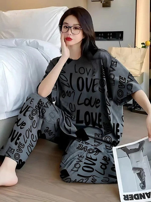 Charcoal Drop Shoulder Love Printed Night Suit